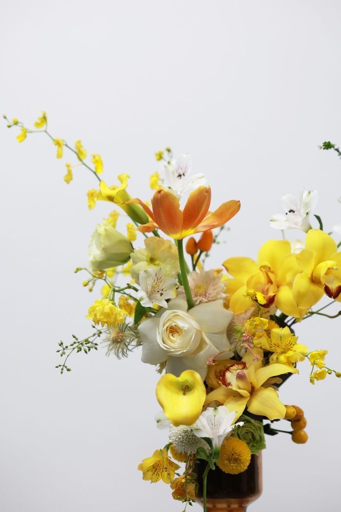 A vivid arrangement of yellow and orange flowers in a bouquet set against a white background, showcasing spring's beauty.
